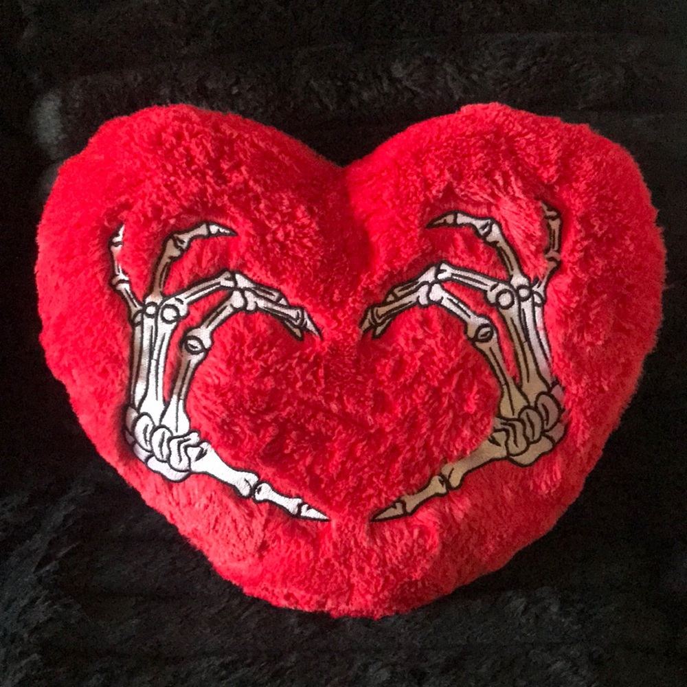 Plush Red Heart Pillow with Skeleton Hand Design - Home Holiday